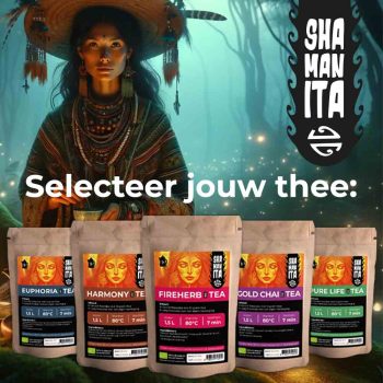 Overzicht van alle Magic Truffel Thee smaken inclusief Fireherb, Pure Life, Gold Chai, Harmony en Euphoria, die de verscheidenheid en rijkdom van de theeselectie tonen.