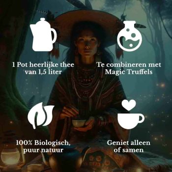 Presentatie van de unieke voordelen van Magic Truffel Thee: 1) Elk pakket maakt 1 pot heerlijke thee, goed voor 1,5 liter, 2) Ontworpen om te combineren met Magic Truffels voor een versterkte ervaring, 3) 100% Biologisch, belichaamt pure natuur bij elke slok, 4) Perfect om alleen of samen van een ontspannend moment te genieten.